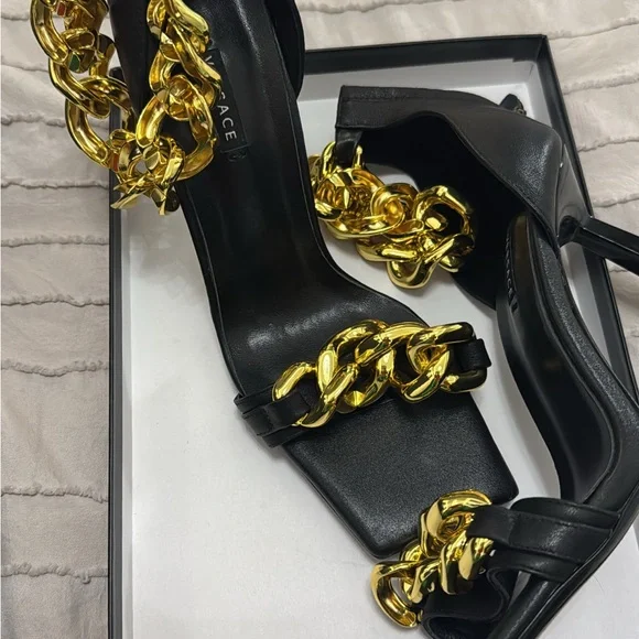 Versace Black Leather High Heels with Gold Chain Detail - Picture 4 of 5